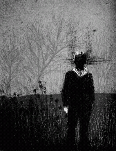 A Black And White Drawing Of A Man Standing In A Field With Trees In The Background GIF