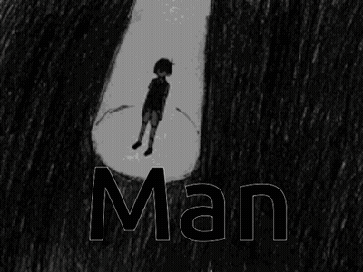 A Black And White Drawing Of A Man Standing In A Spotlight With The Word Man Below Him GIF