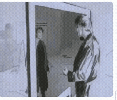 A Black And White Drawing Of A Man Standing In Front Of A Door . GIF