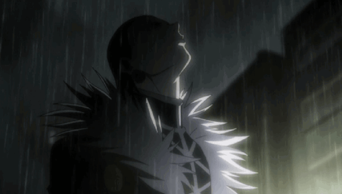 A Black And White Drawing Of A Man Standing In The Rain GIF