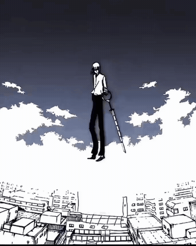 A Black And White Drawing Of A Man Standing On Top Of A Building GIF