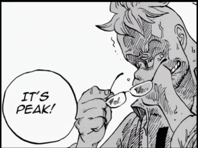 A Black And White Drawing Of A Man Wearing Glasses With A Speech Bubble That Says It 'S Peak GIF