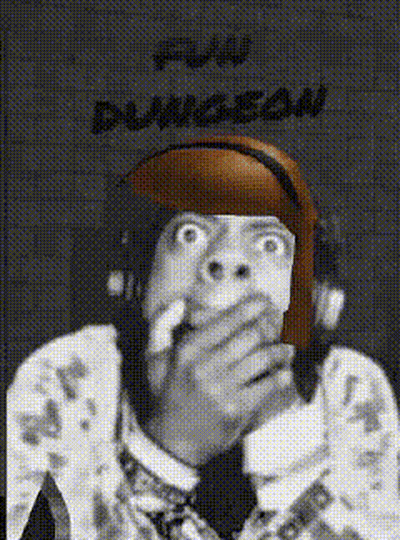 A Black And White Drawing Of A Man With A Helmet On And The Words Fwd Dungeon Written Above Him GIF