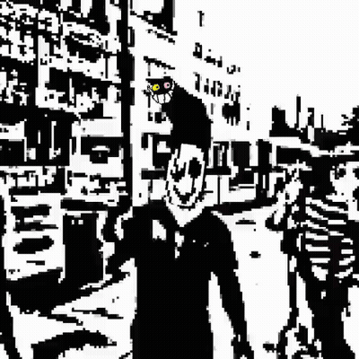 A Black And White Drawing Of A Man With A Mask On His Face . GIF