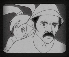 A Black And White Drawing Of A Man With A Mustache And A Woman Behind Him GIF