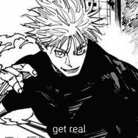 A Black And White Drawing Of A Man With A Sword And The Words `` Get Real '' Written Below Him . GIF