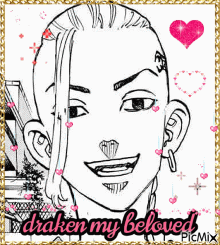 A Black And White Drawing Of A Man With A Tattoo On His Forehead And The Words `` Draken My Beloved '' . GIF