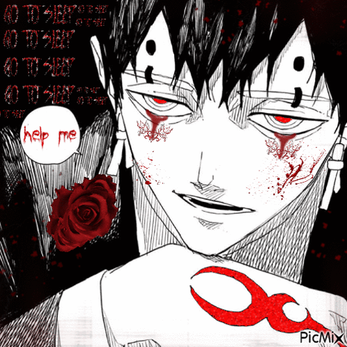A Black And White Drawing Of A Man With Blood On His Face And A Red Rose And The Words Help Me GIF