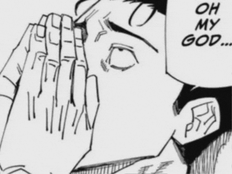 A Black And White Drawing Of A Man With His Hands On His Face And The Words Oh My God On The Bottom GIF