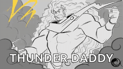 A Black And White Drawing Of A Man With Long Hair Holding A Sword With The Words Thunder Daddy Written Below Him . GIF