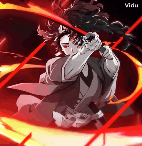 A Black And White Drawing Of A Man With Red Eyes Holding A Sword With The Words " Vidu " On The Bottom GIF