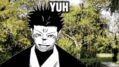 A Black And White Drawing Of A Man With Spikes On His Head In Front Of Trees . GIF