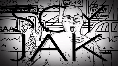 A Black And White Drawing Of A Man With The Word Jak In The Middle GIF