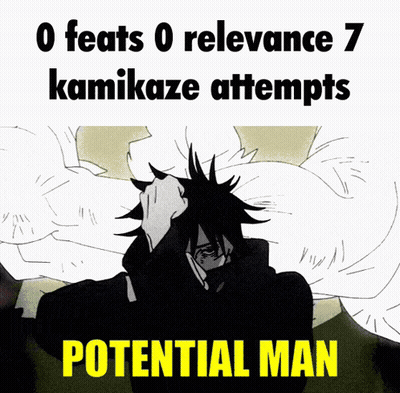 A Black And White Drawing Of A Man With The Words " 0 Feats 0 Relevance 7 Kamikaze Attempts Potential Man " On The Botto GIF