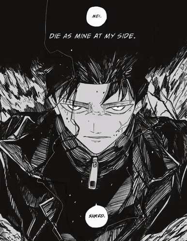 A Black And White Drawing Of A Man With The Words " Die As Mine At My Side " Above Him GIF