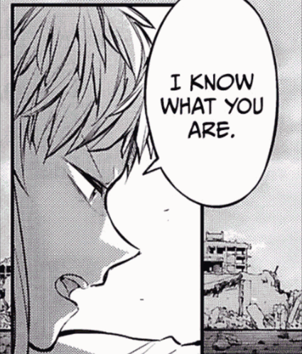 A Black And White Drawing Of A Man With The Words " I Know What You Are " GIF