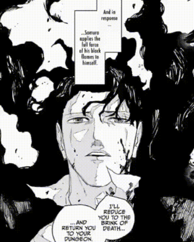 A Black And White Drawing Of A Man With The Words " I 'Ll Reduce You To The Brink Of Death " On The Bottom GIF