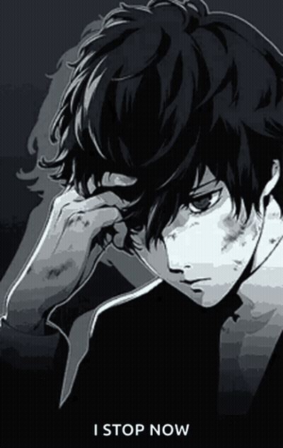 A Black And White Drawing Of A Man With The Words " I Stop Now " On The Bottom GIF