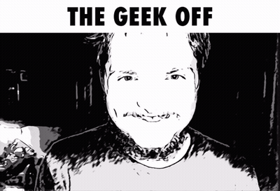 A Black And White Drawing Of A Man With The Words The Geek Off Above It GIF