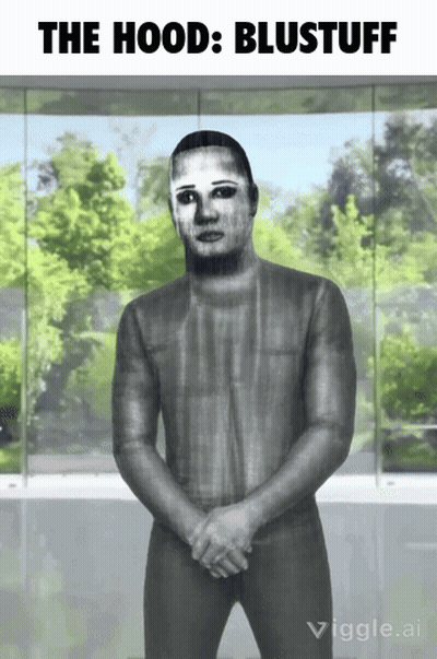 A Black And White Drawing Of A Man With The Words The Hood Blustuff Below Him GIF
