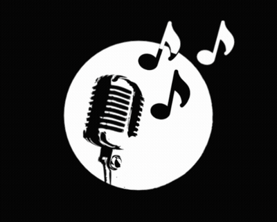 A Black And White Drawing Of A Microphone With Music Notes In The Background GIF