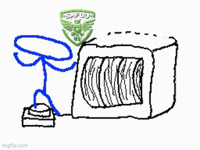 A Black And White Drawing Of A Microwave Oven With A Blue Stick Figure Sitting Next To It . GIF