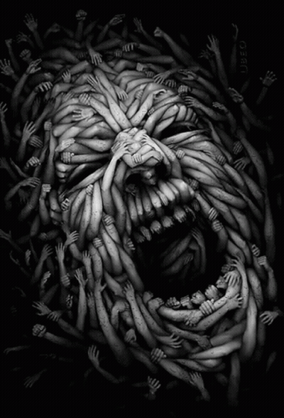 A Black And White Drawing Of A Monster With A Lot Of Hands Reaching Out GIF