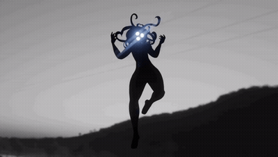 A Black And White Drawing Of A Monster With Glowing Eyes Flying In The Air GIF