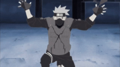 A Black And White Drawing Of A Ninja With His Arms In The Air GIF