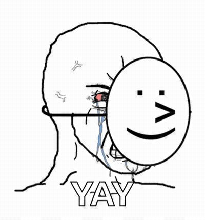 A Black And White Drawing Of A Person Covering Their Face With A Smiley Face And The Words Yay GIF