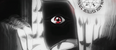 A Black And White Drawing Of A Person Holding A Book With A Red Eye GIF