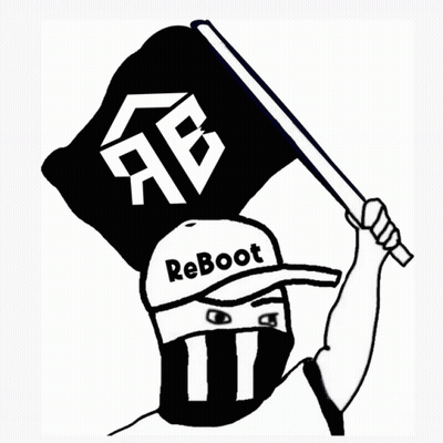 A Black And White Drawing Of A Person Holding A Flag That Says Reboot GIF