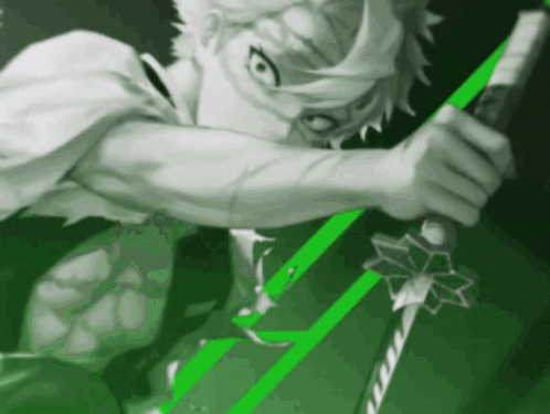 A Black And White Drawing Of A Person Holding A Green Sword GIF