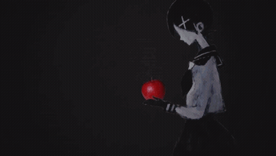 A Black And White Drawing Of A Person Holding A Red Apple GIF