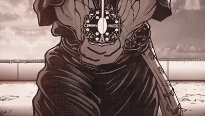a black and white drawing of a person holding a sword with a floral design on it