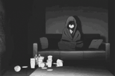 A Black And White Drawing Of A Person Laying On A Couch In A Dark Room . GIF