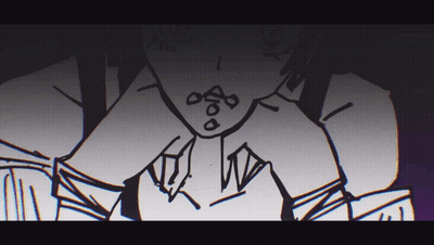 A Black And White Drawing Of A Person 'S Face With A Purple Background GIF