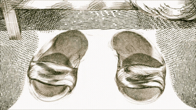 A Black And White Drawing Of A Person 'S Feet With Slippers On GIF