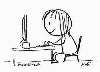 A Black And White Drawing Of A Person Sitting In Front Of A Computer With The Website Pebbieoni.com Written On The Botto GIF