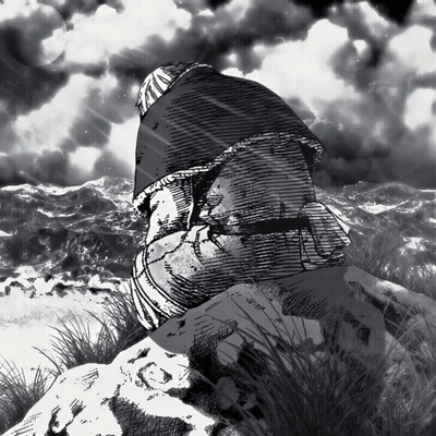 A Black And White Drawing Of A Person Sitting On A Rock Looking At The Ocean GIF