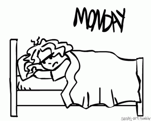 A Black And White Drawing Of A Person Sleeping In A Bed With The Word Monday Written Above Them GIF