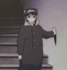 A Black And White Drawing Of A Person Standing On Stairs Holding A Knife . GIF