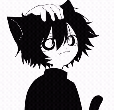 A Black And White Drawing Of A Person With A Cat 'S Ears And A Hand On Their Head . GIF