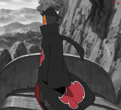A Black And White Drawing Of A Person With A Red Cloud On The Back Of Their Coat GIF