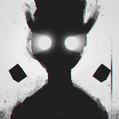 A Black And White Drawing Of A Person With Horns And A Few Squares In The Background GIF