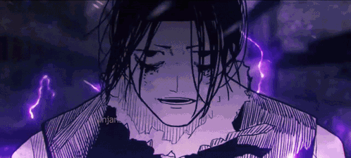 A Black And White Drawing Of A Person With Purple Lightning In The Background GIF