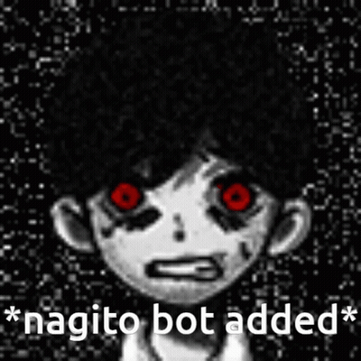 A Black And White Drawing Of A Person With Red Eyes And The Words `` Nagito Bot Added '' Below It . GIF