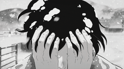 A Black And White Drawing Of A Person With Snow On Their Head GIF