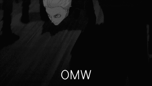 A Black And White Drawing Of A Person With The Word Omw Below Them GIF