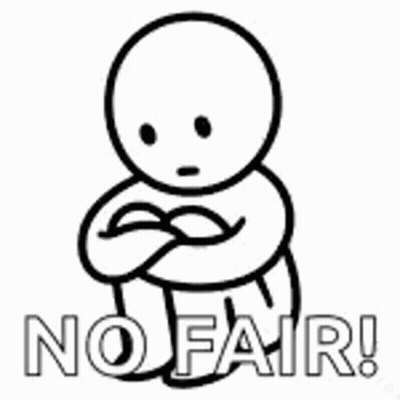 A Black And White Drawing Of A Person With Their Arms Crossed And The Words `` No Fair ! '' GIF